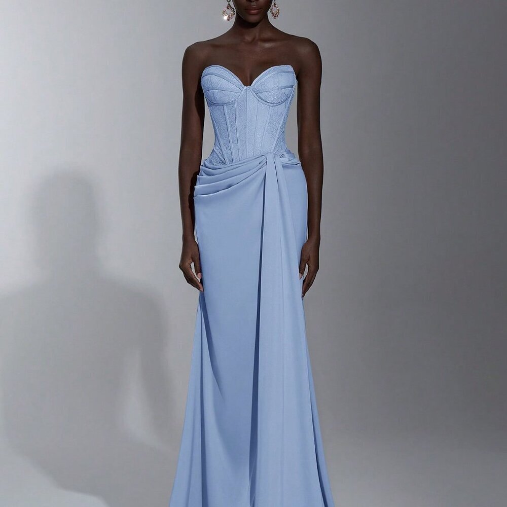 Blue Elegant Women's Lace Satin Bandeau Maxi Dress
